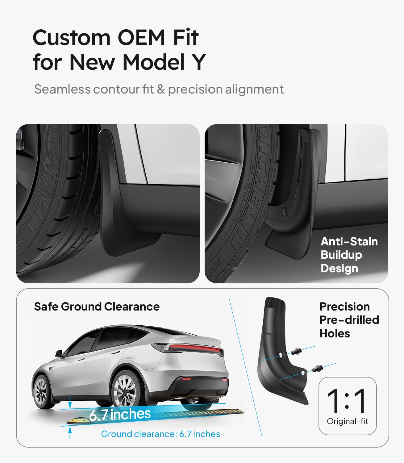 Precision-fit Wigoo mud flaps aligning with factory mounting on Model Y Juniper.