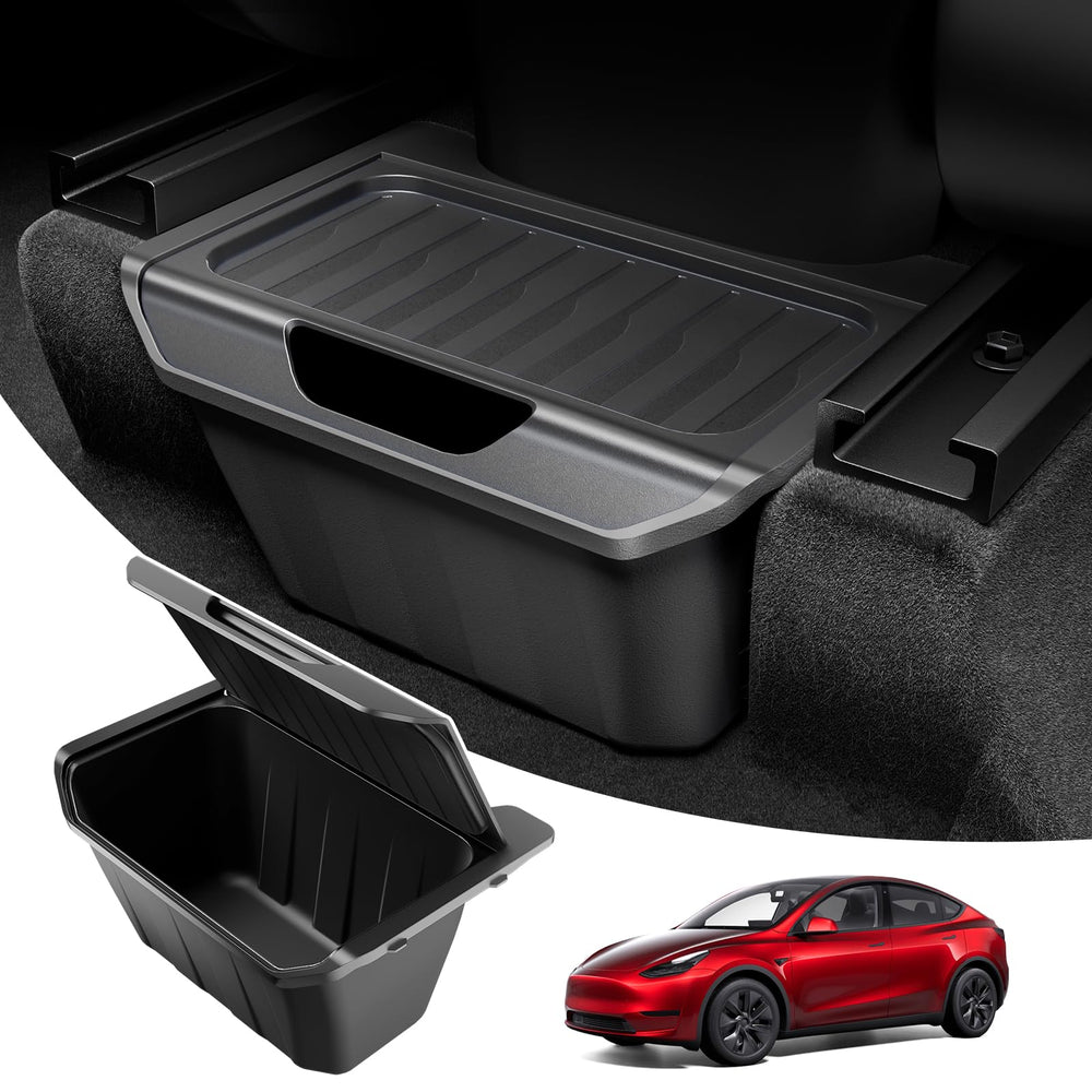 Wigoo rear center console organizer for Tesla Model Y with partitioned storage for beverages and snacks.