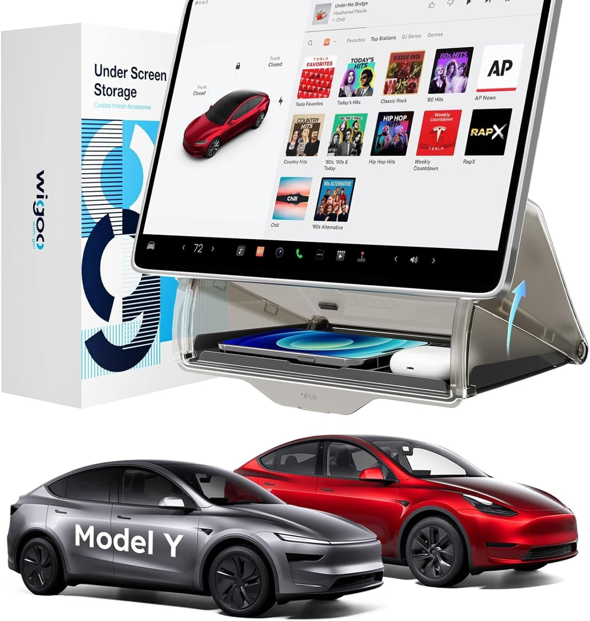 Wigoo under-screen organizer for Model Y closed view maintains a clean cabin