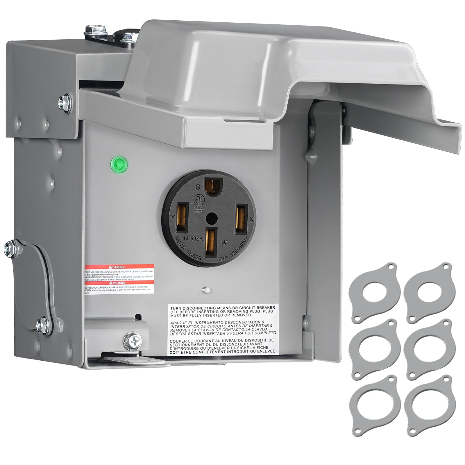 WILAWELS 50A RV outlet box front view showing rugged weatherproof shell