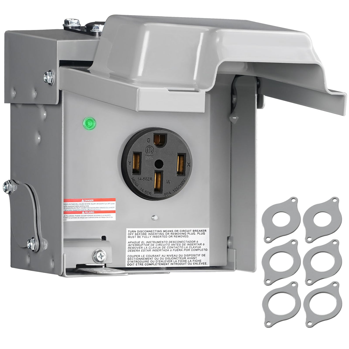 WILAWELS 50A RV outlet box front view showing rugged weatherproof shell