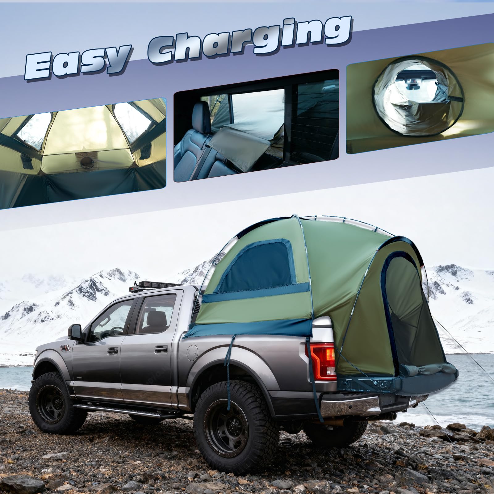 WildFinder truck bed tent connection tunnel enables power cables and cooling from cab