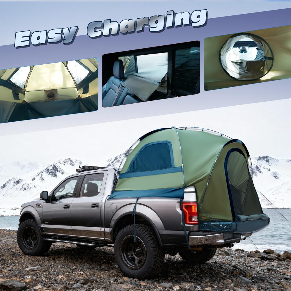 WildFinder truck bed tent connection tunnel enables power cables and cooling from cab