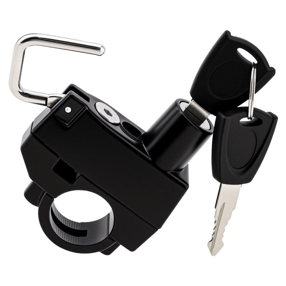 Lock in use on handlebar shows easy installation and quick locking.