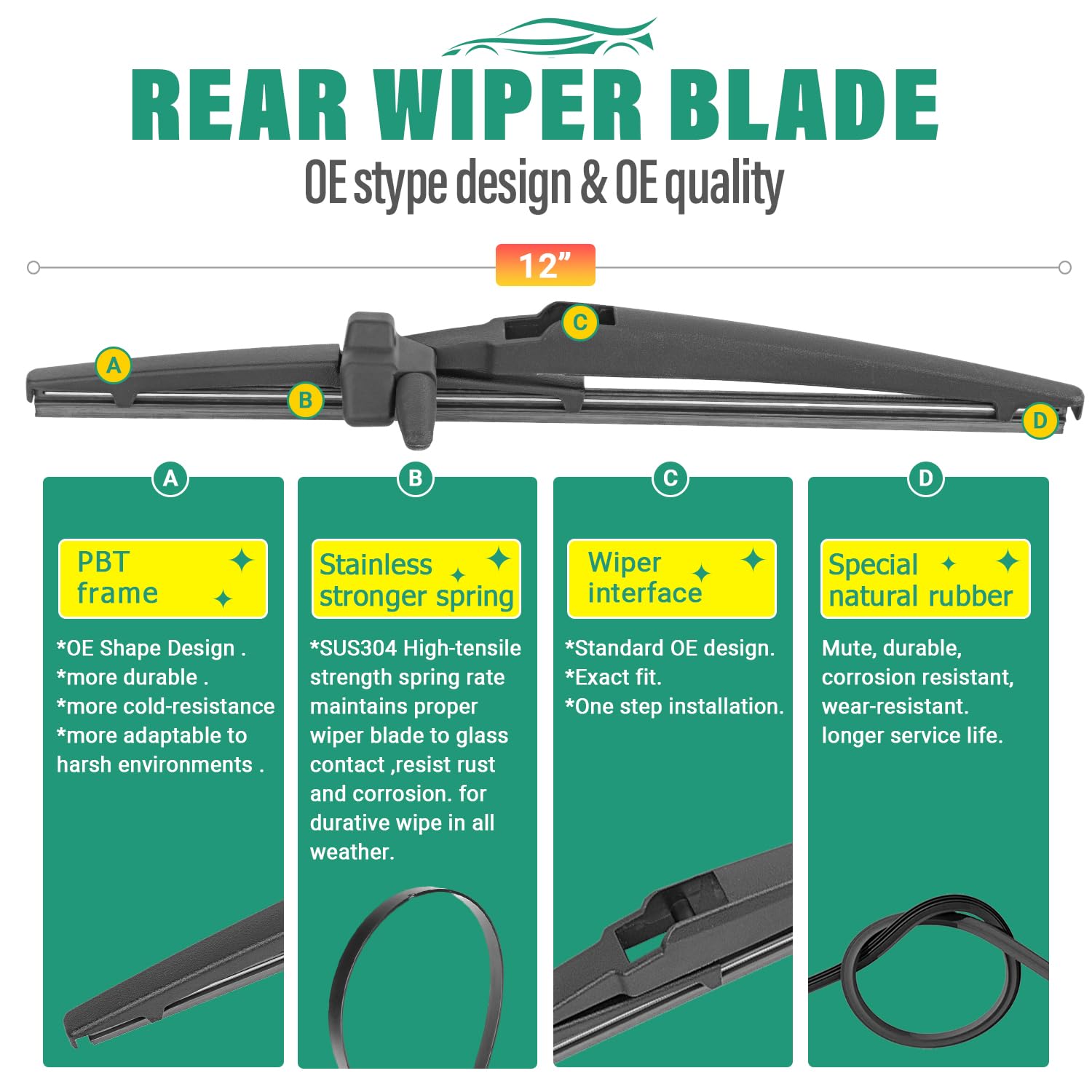 WINDSMILE 12-inch rear wiper blade provides reliable clearing in rear window use.