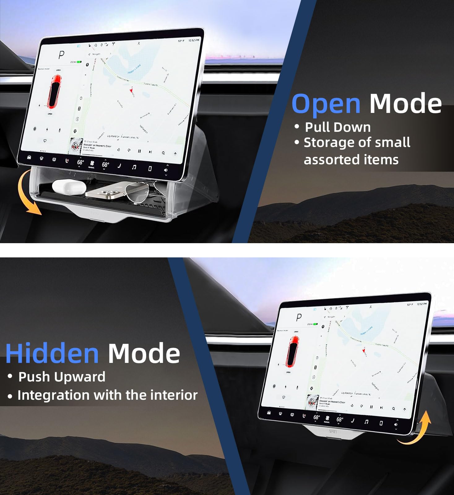 WinDu under-screen storage hidden design blends with the Tesla center console.
