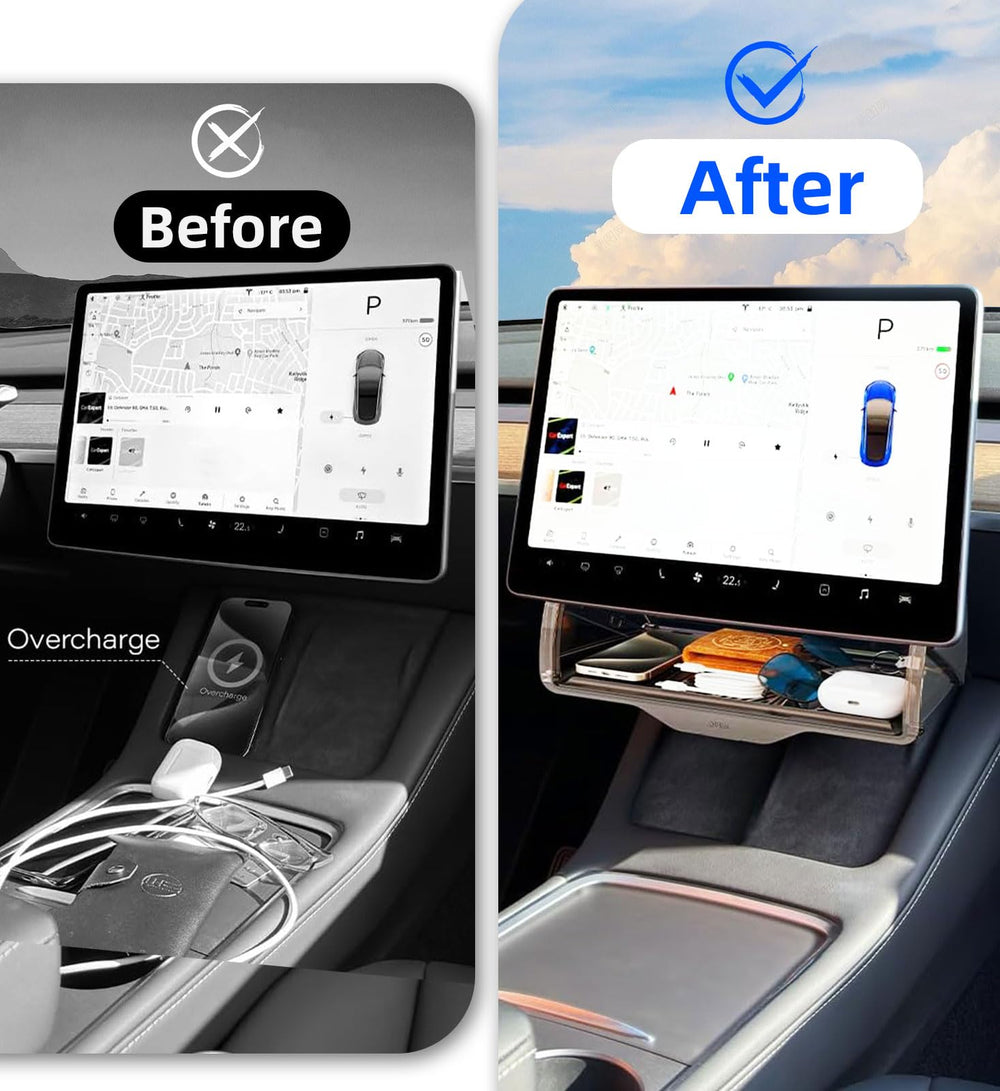 WinDu under-screen storage installed in Model 3/Y shows quick reach after a simple fit.