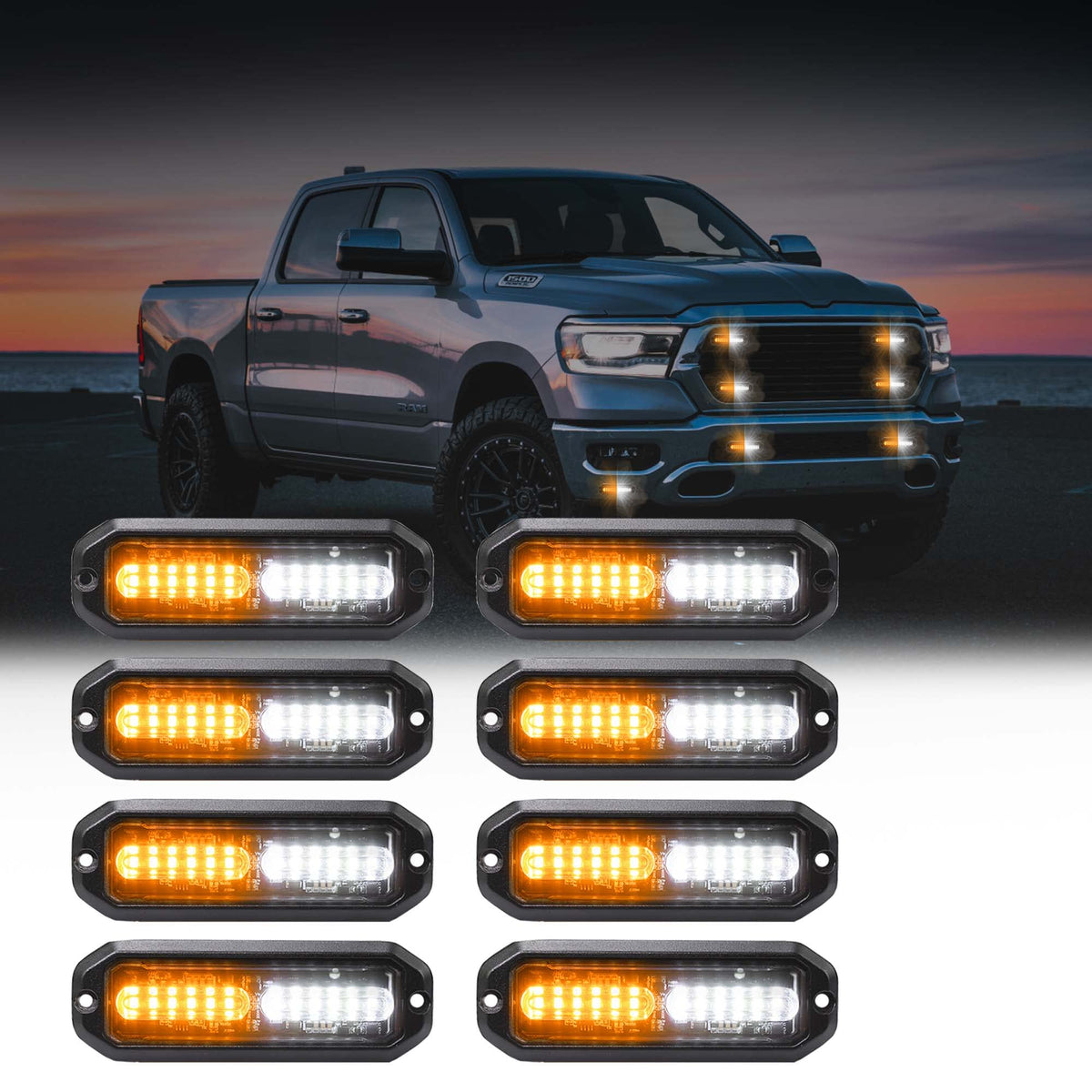 Wineco amber-white LED strobe kit front view shows slim, waterproof design for trucks