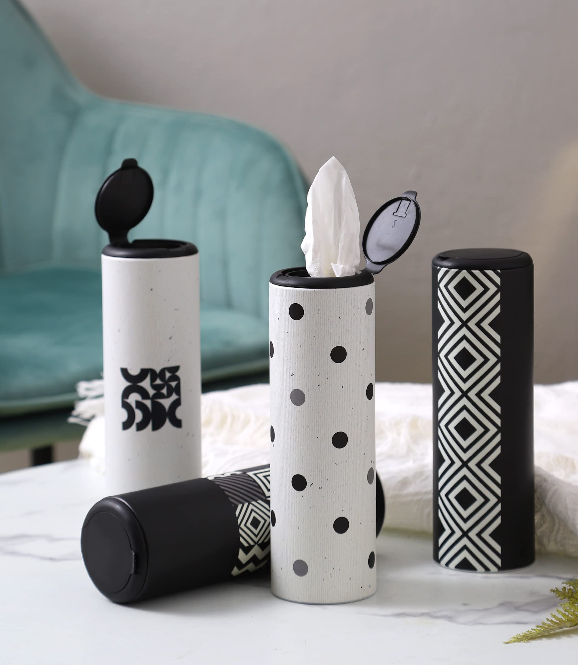 Stylish tissue holder fits in car cup holders for quick use