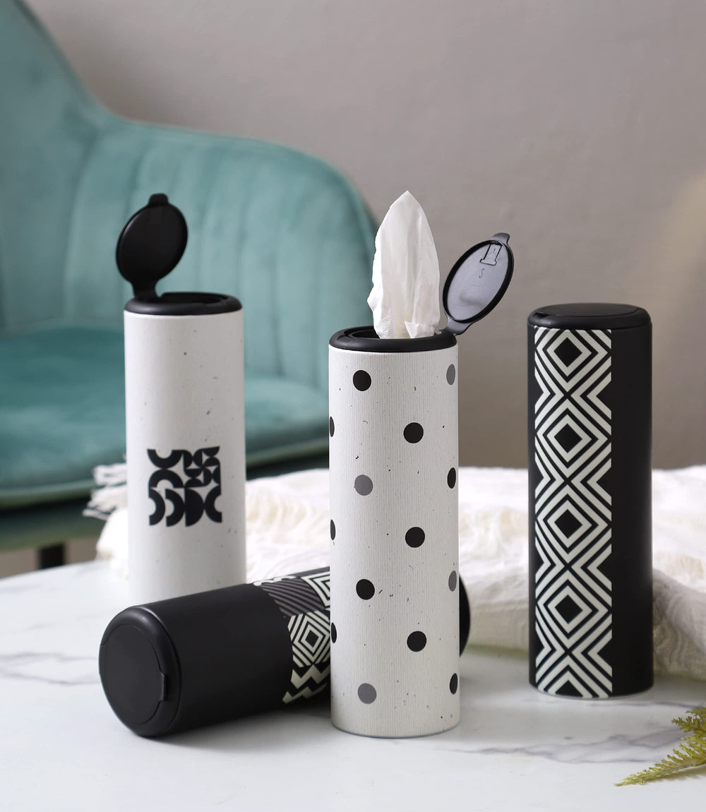Stylish tissue holder fits in car cup holders for quick use