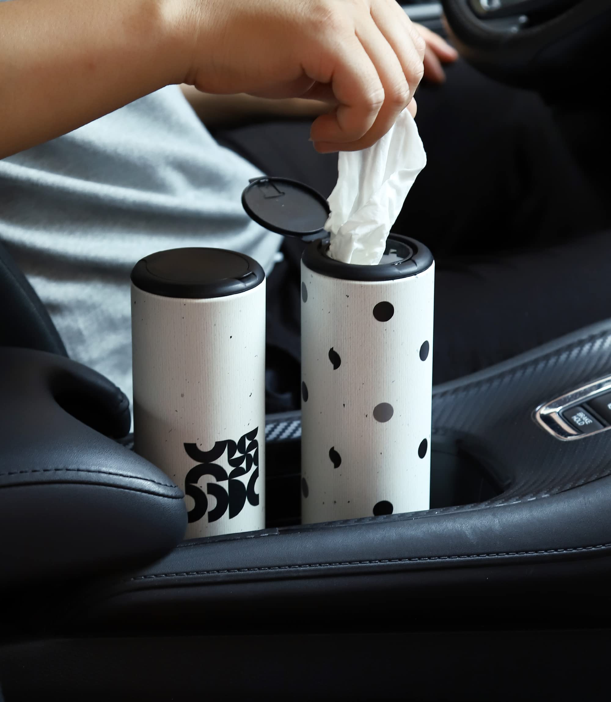 Travel-ready round tissue box for car journeys by Winoo Design