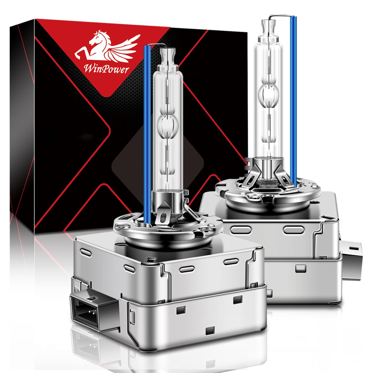 WinPower D1S xenon bulb close-up shows 8000K ice blue light for precise, centered illumination