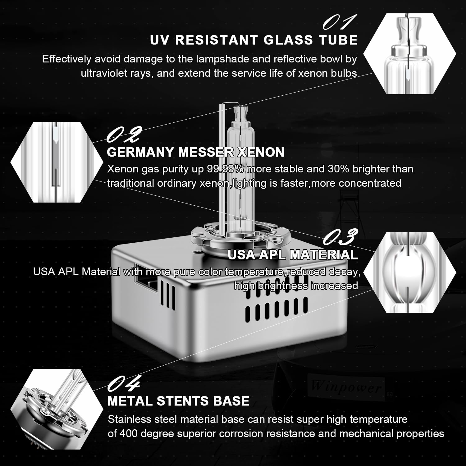 WinPower D5S headlight bulb with metal stents base for durability