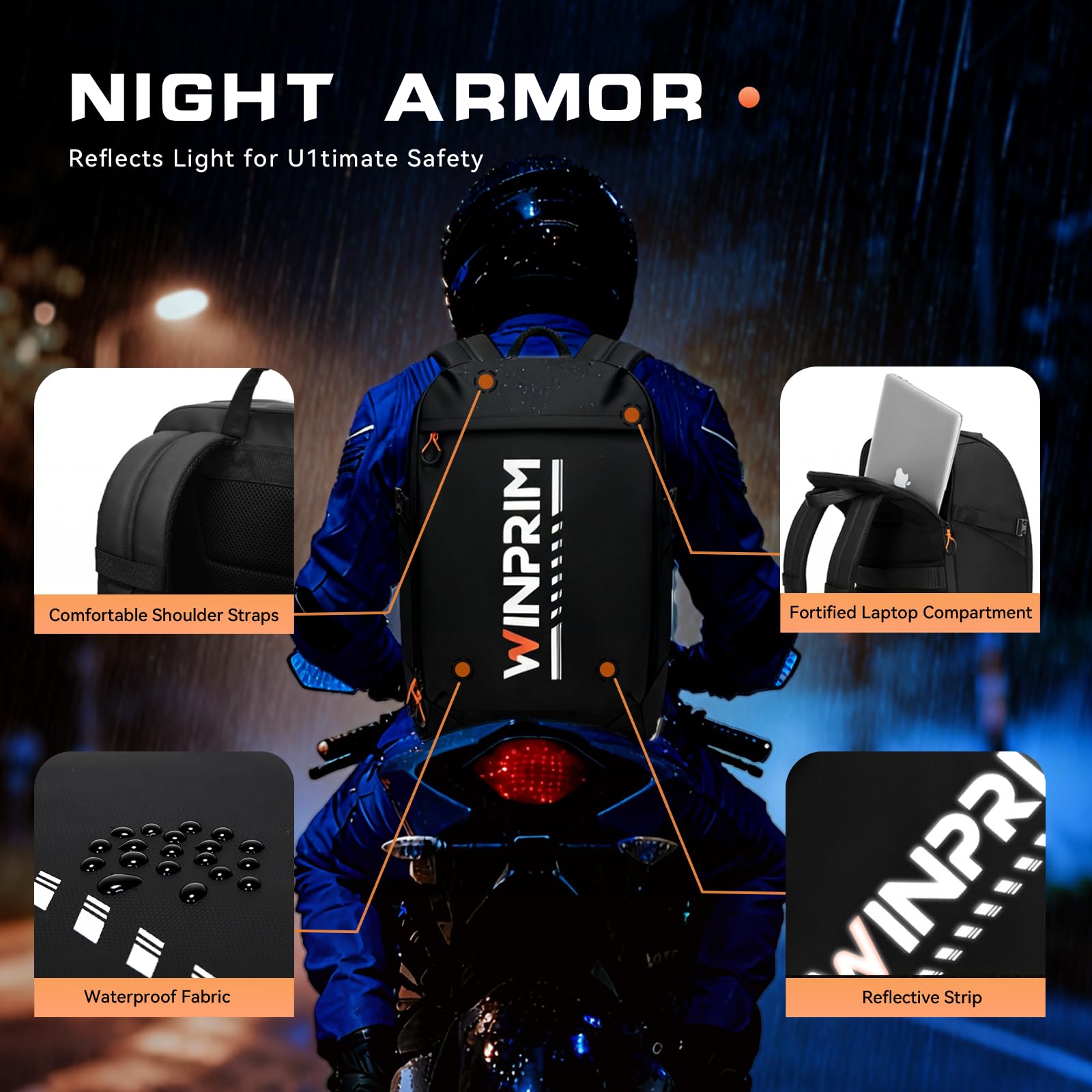 WINPRIM reflective safety panel boosts night visibility for riders.