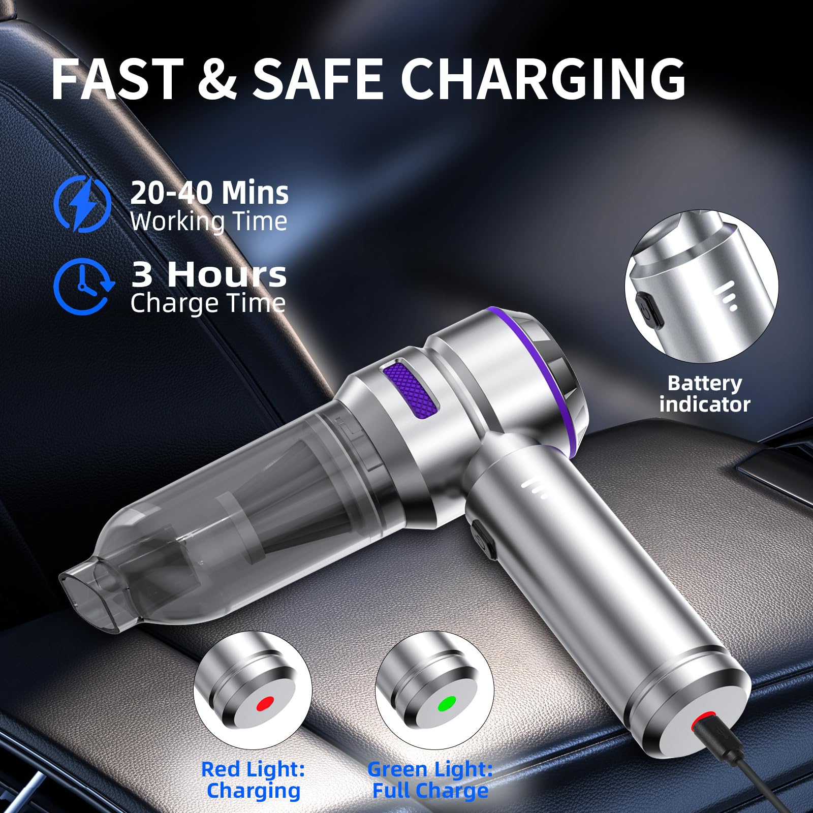 WINWEND compact device shown in vehicle for tidy seats and carpets.