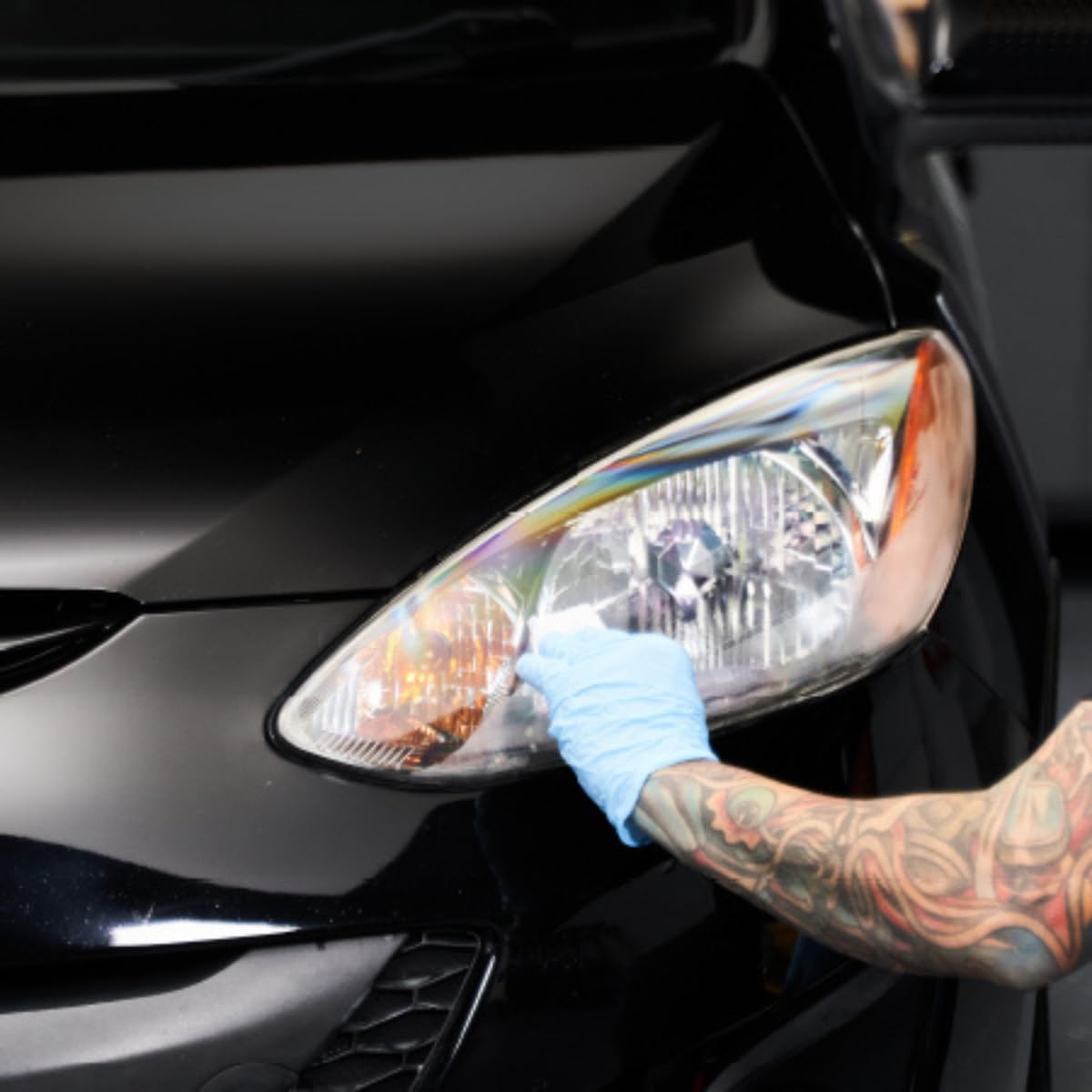 Wipe New headlight restore result reveals a crystal-clear lens and improved light transmission.