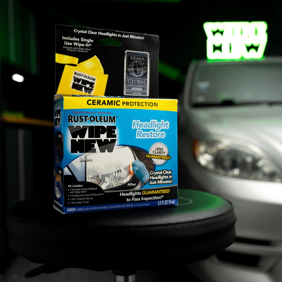 Wipe New headlight restore kit packaging highlights included tools and easy at-home use.