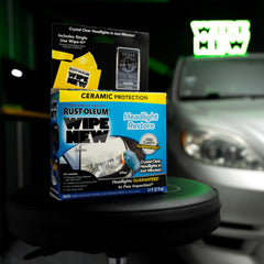 Wipe New headlight restore kit packaging highlights included tools and easy at-home use.