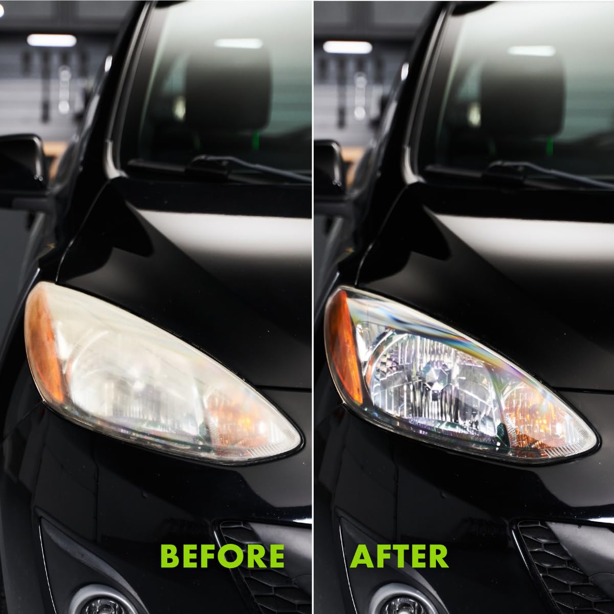 Wipe New headlight restore close-up shows oxidation removal and renewed lens glow.