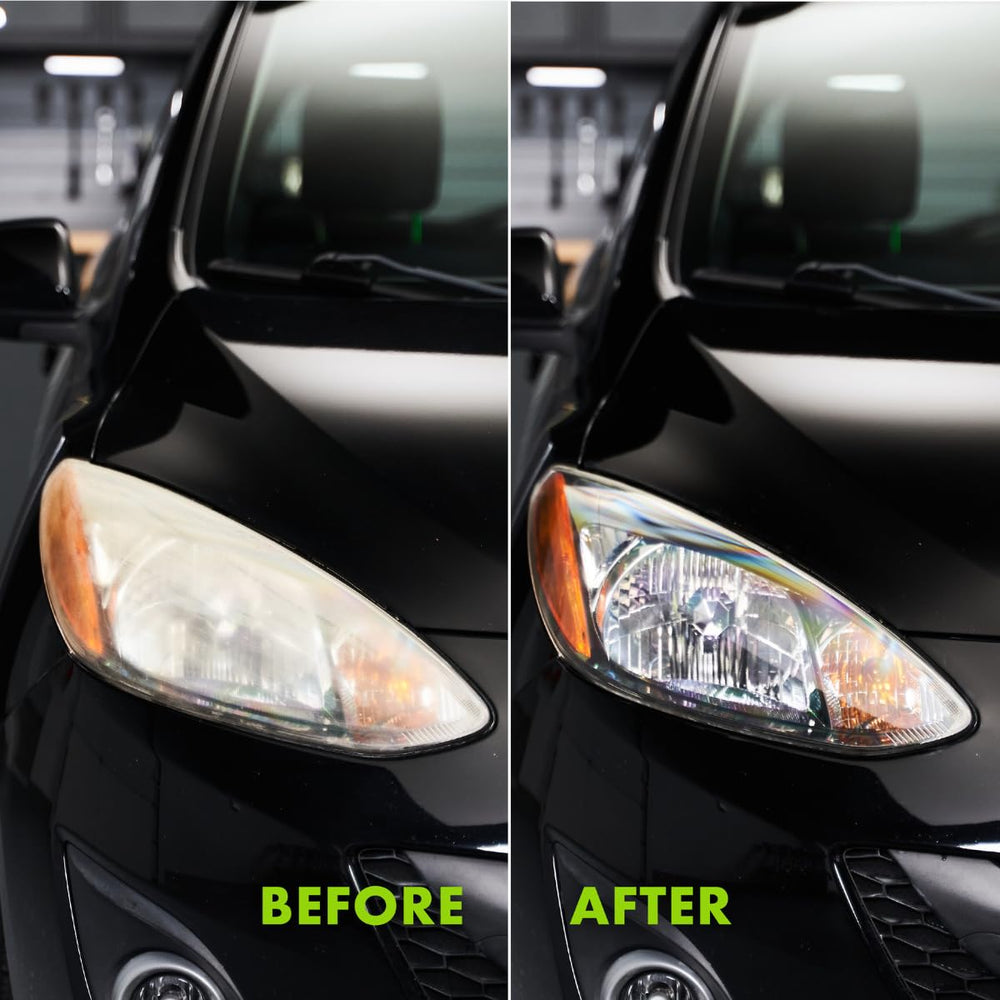 Wipe New headlight restore close-up shows oxidation removal and renewed lens glow.