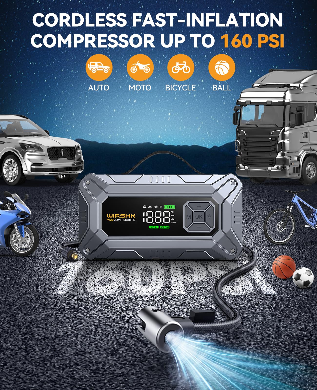 WirshK Jump Starter 27000mAh power bank powers devices on the go.