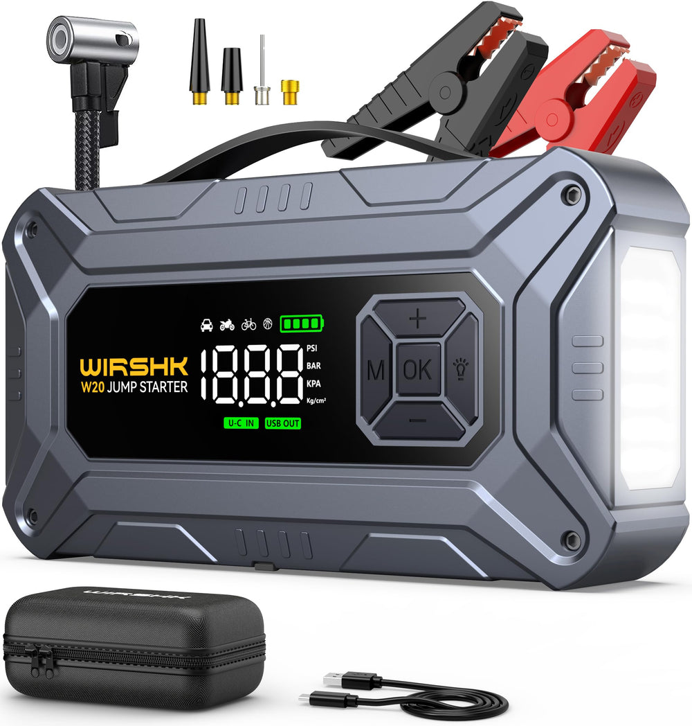 WirshK Jump Starter display shows 8000A peak power for quick engine starts.