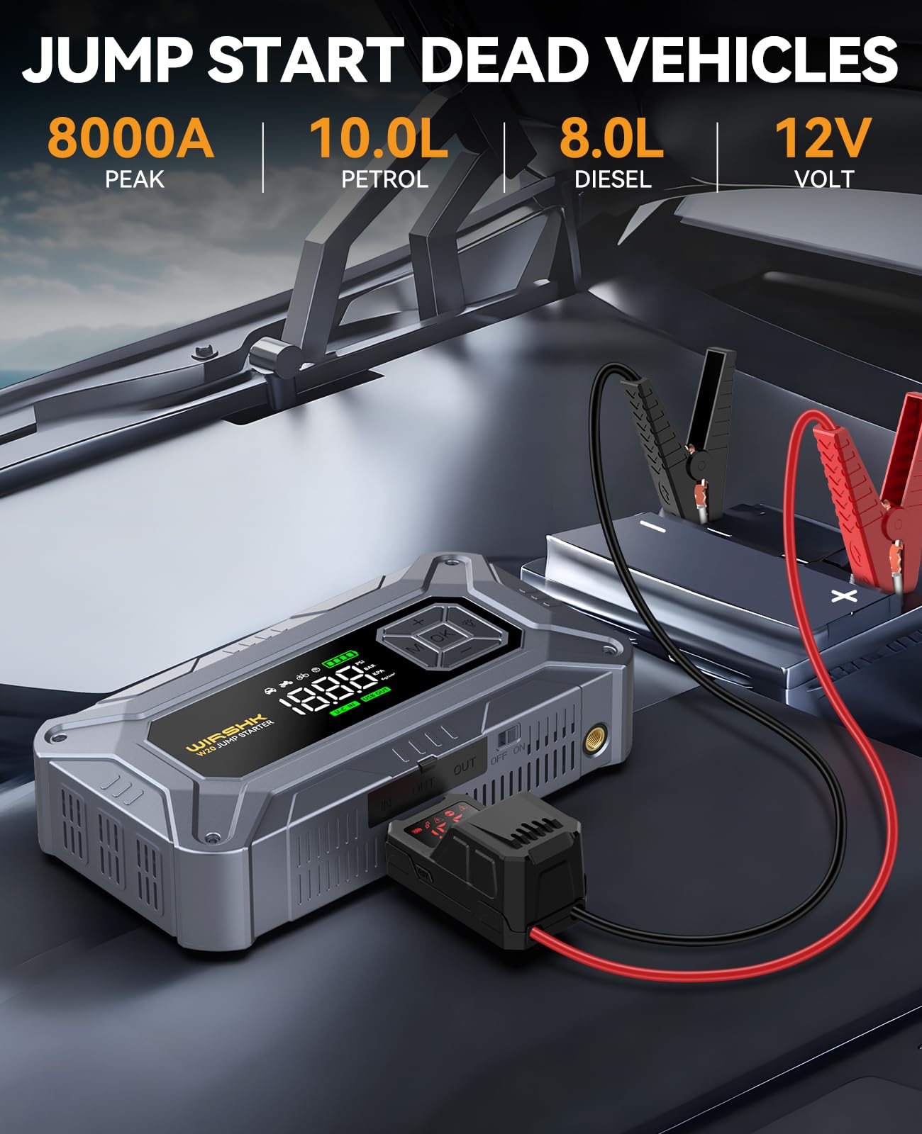 WirshK Jump Starter with air compressor inflates tires and checks pressure.