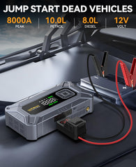 WirshK Jump Starter with air compressor inflates tires and checks pressure.