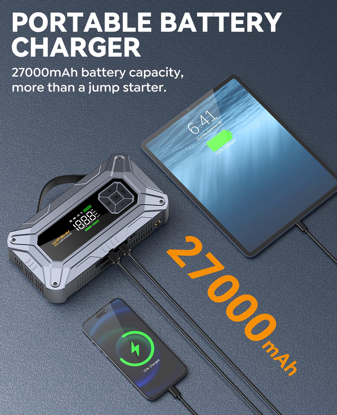 WirshK Jump Starter LCD display offers real-time data and safety indicators.