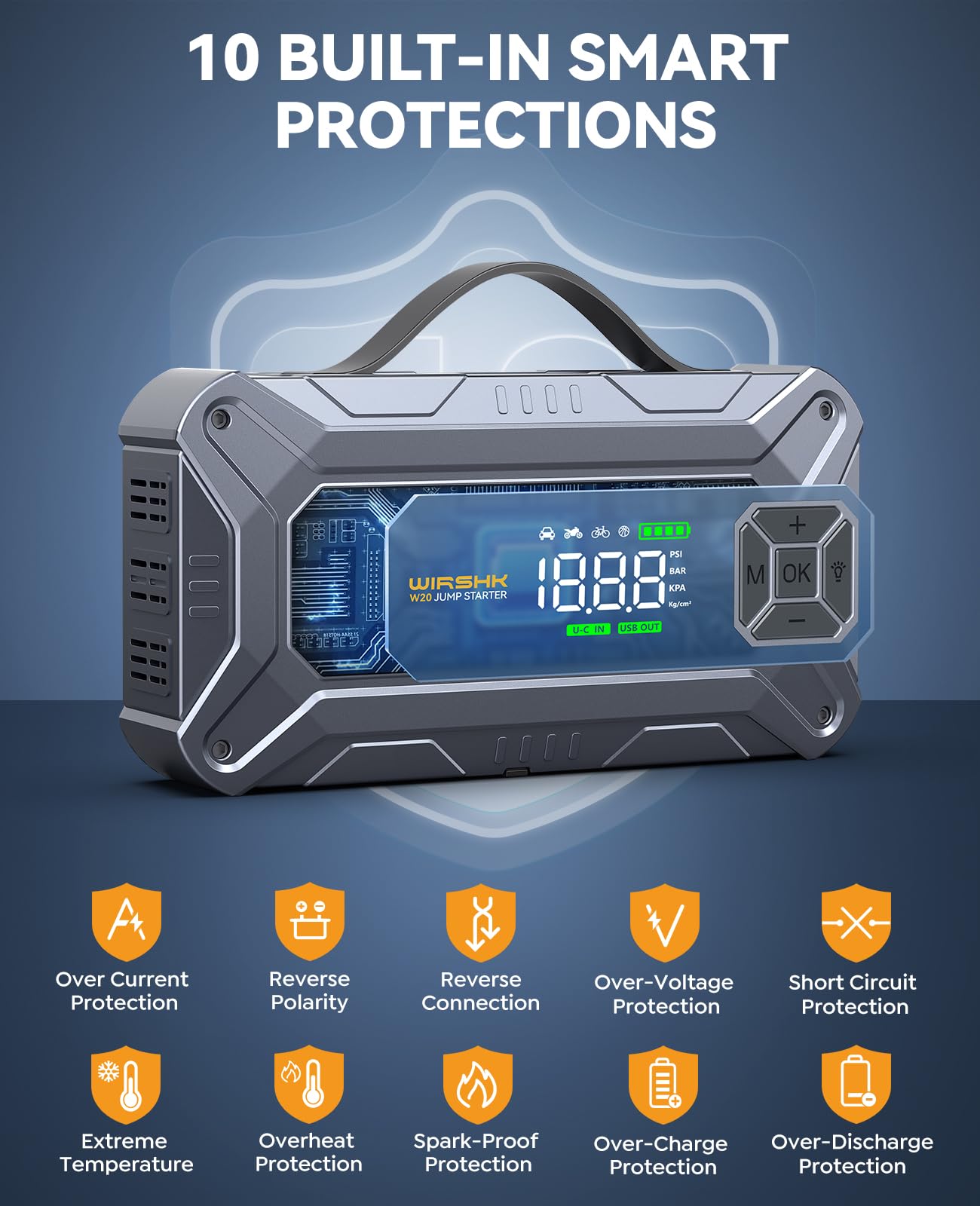 WirshK Jump Starter includes a bright LED flashlight for roadside visibility.