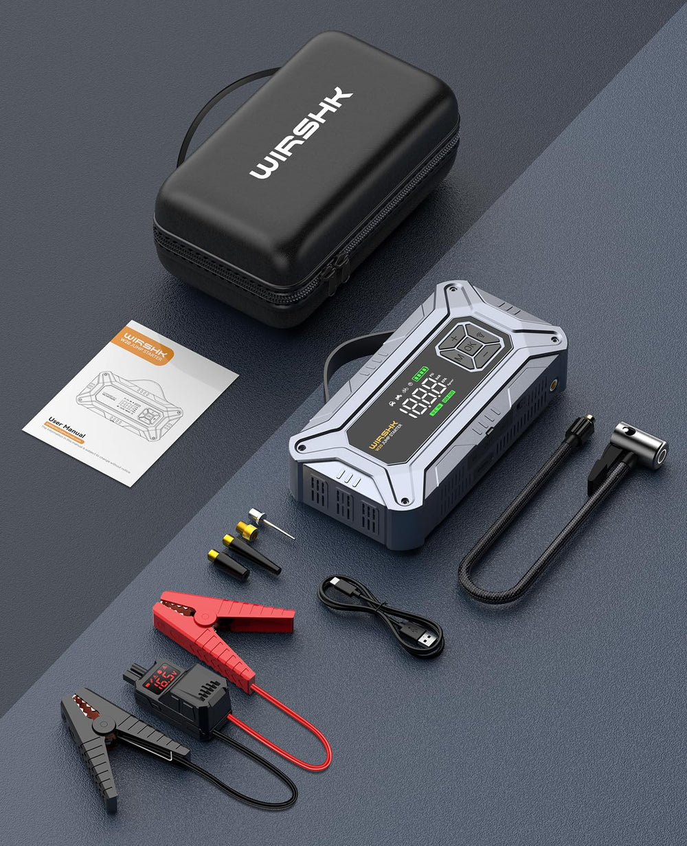 WirshK Jump Starter built-in inflator handles tires and inflatables.