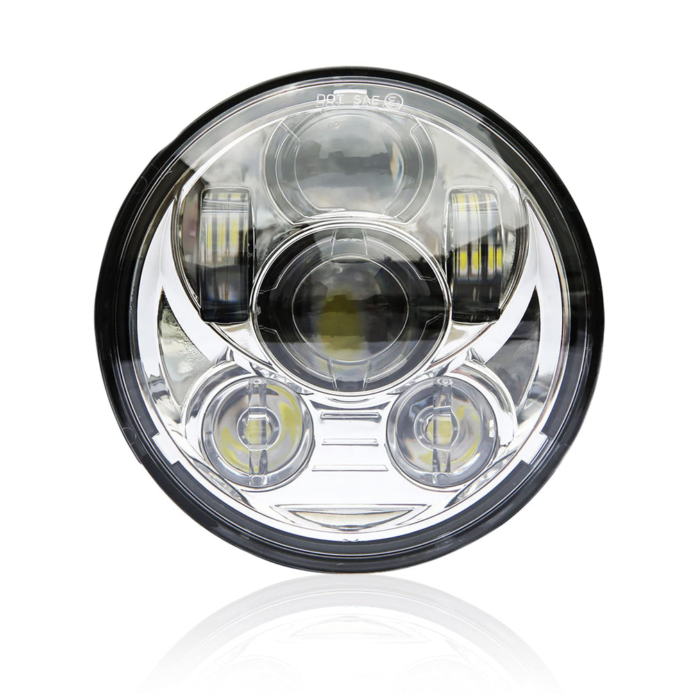 Wisamic 5-3/4 inch LED headlight front view enhances road visibility for Harley riders.