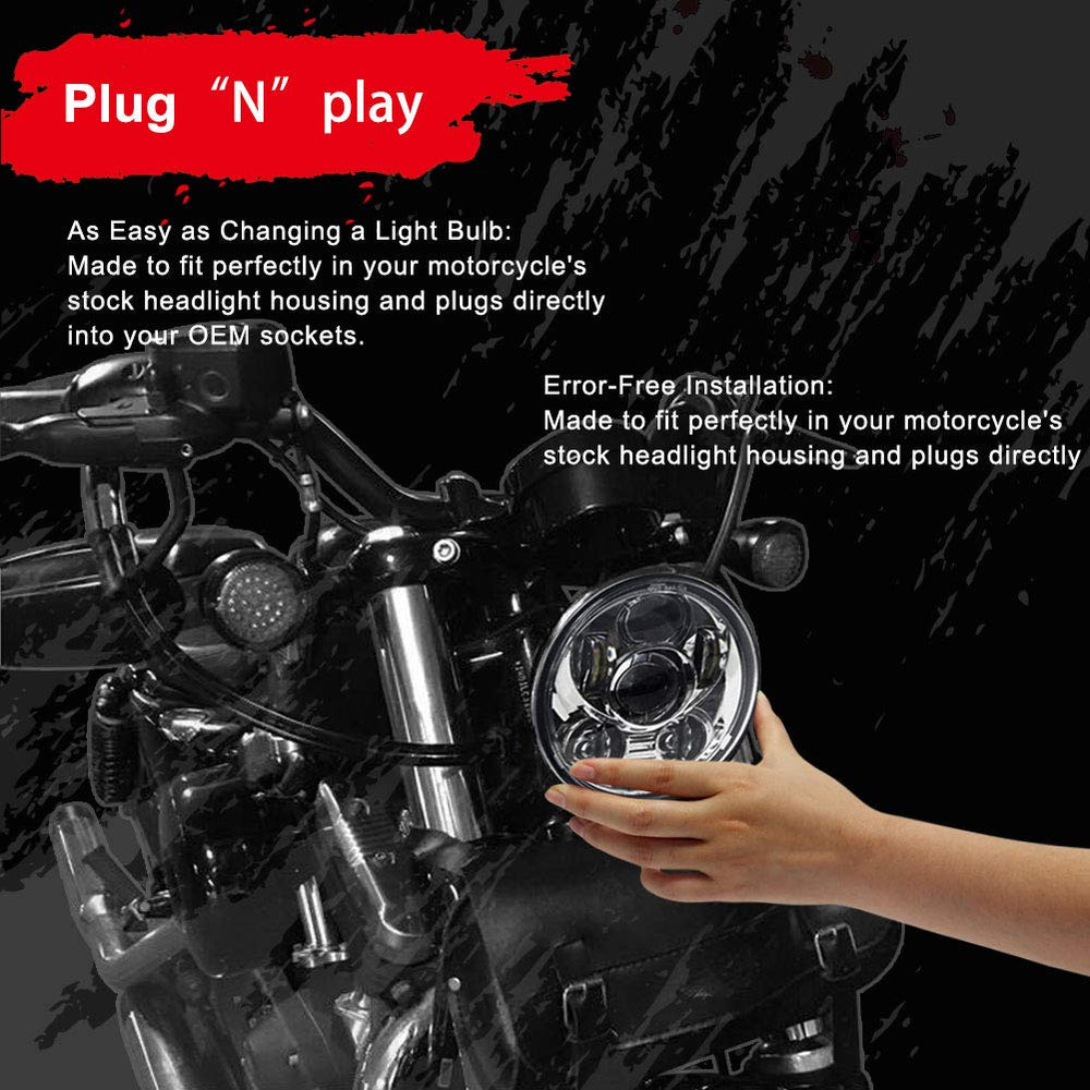 Wisamic 575 LED headlight installed on a Harley-Davidson style bike.