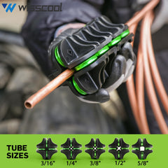 Wisscool 3/8-inch tube straightener in use on a brake line for precise alignment.