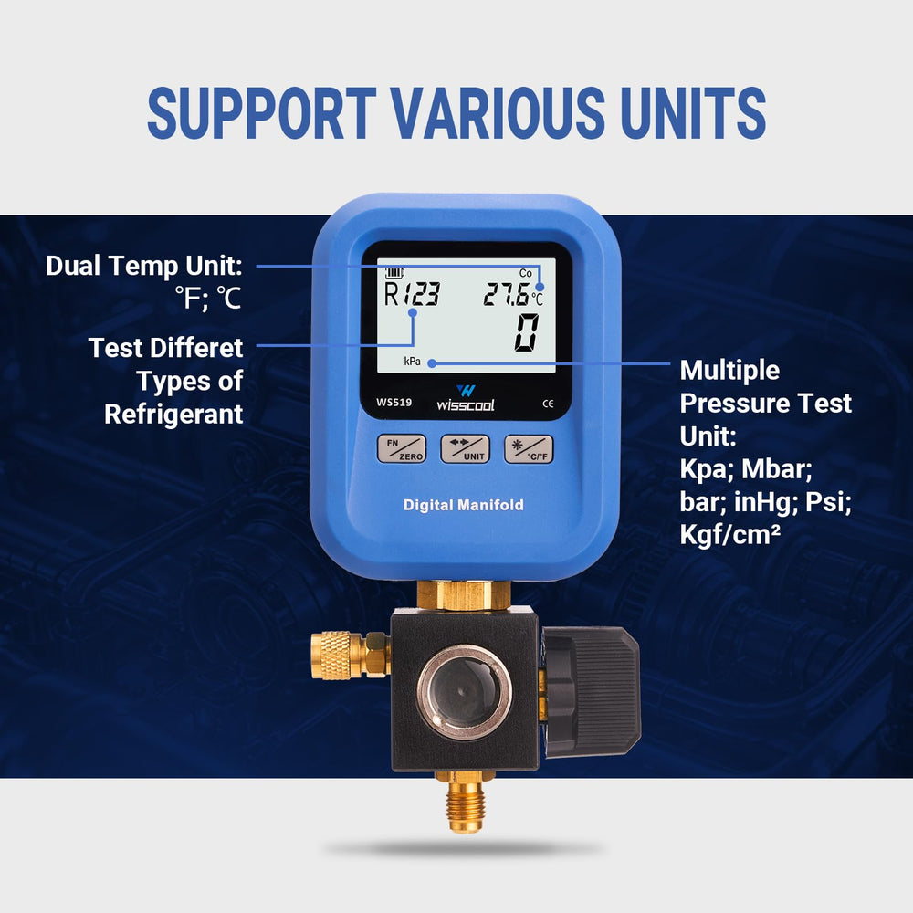 WISSCOOL digital gauge with 24 refrigerants database for versatile systems.