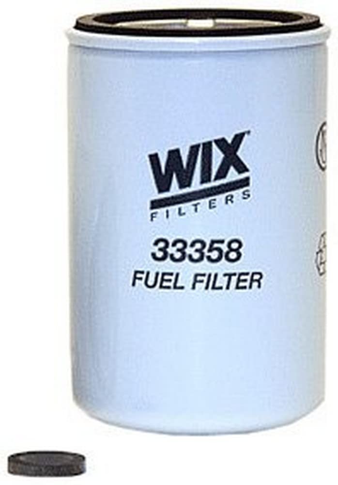WIX 33358 heavy-duty spin-on fuel filter with built-in gasket for easy, reliable replacement