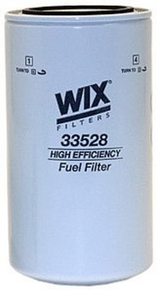 Wix 33528 heavy-duty spin-on fuel filter front view, durable filtration and easy installation