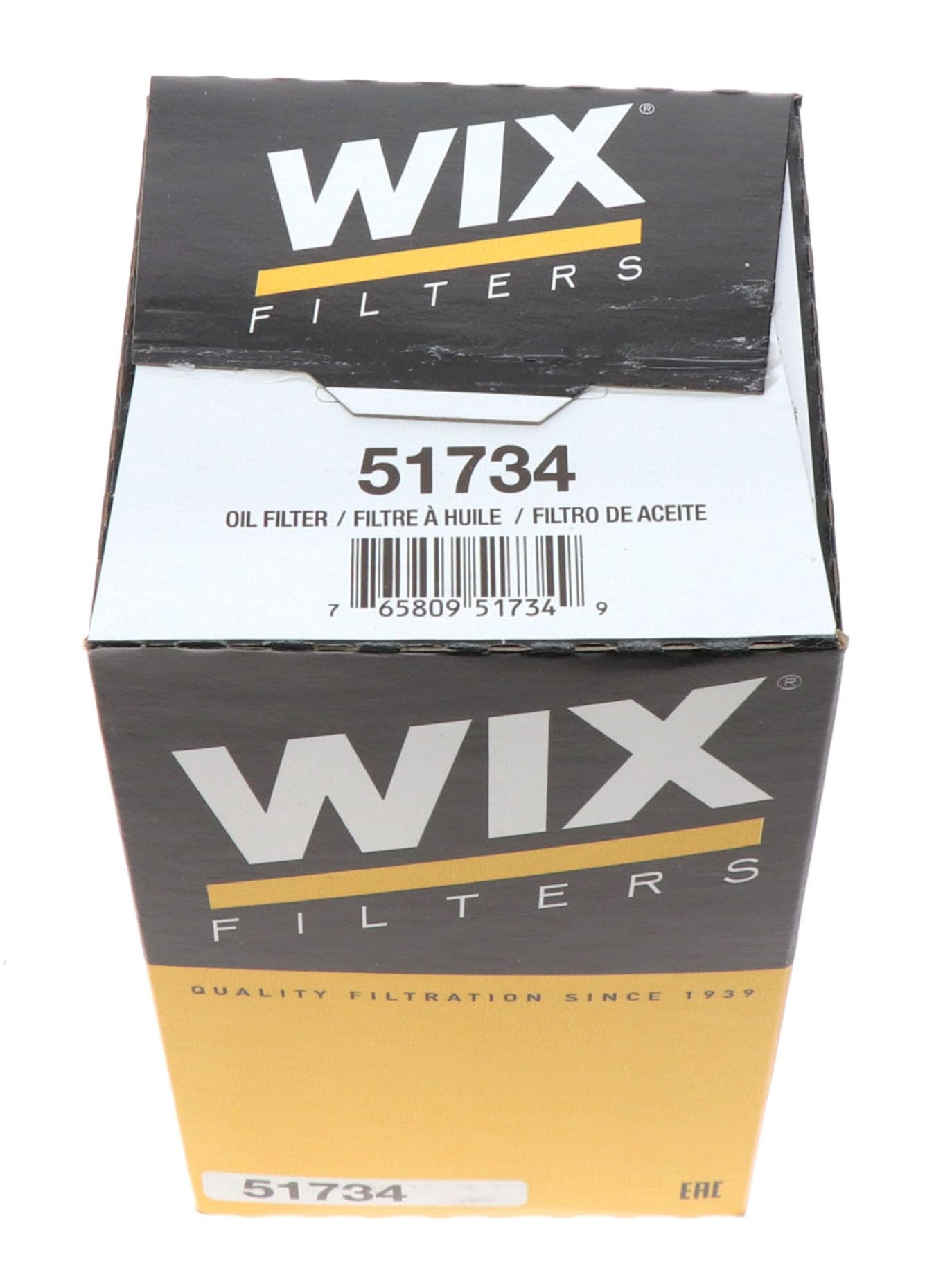 WIX 51734 oil filter packaging, ready for synthetic and high-mileage oil compatibility.