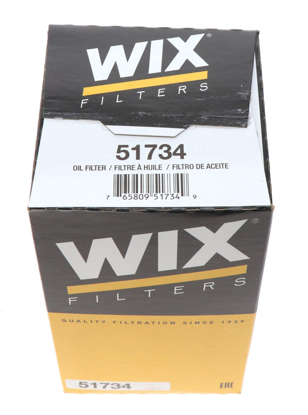 WIX 51734 oil filter packaging, ready for synthetic and high-mileage oil compatibility.