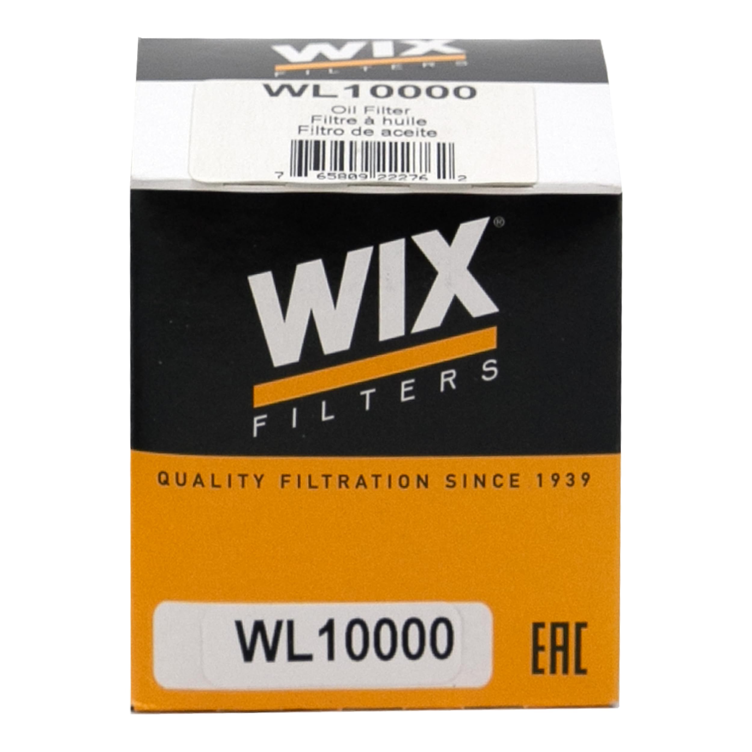 Wix WL10000 oil filter packaging shows compatibility with synthetic and high-mileage oils