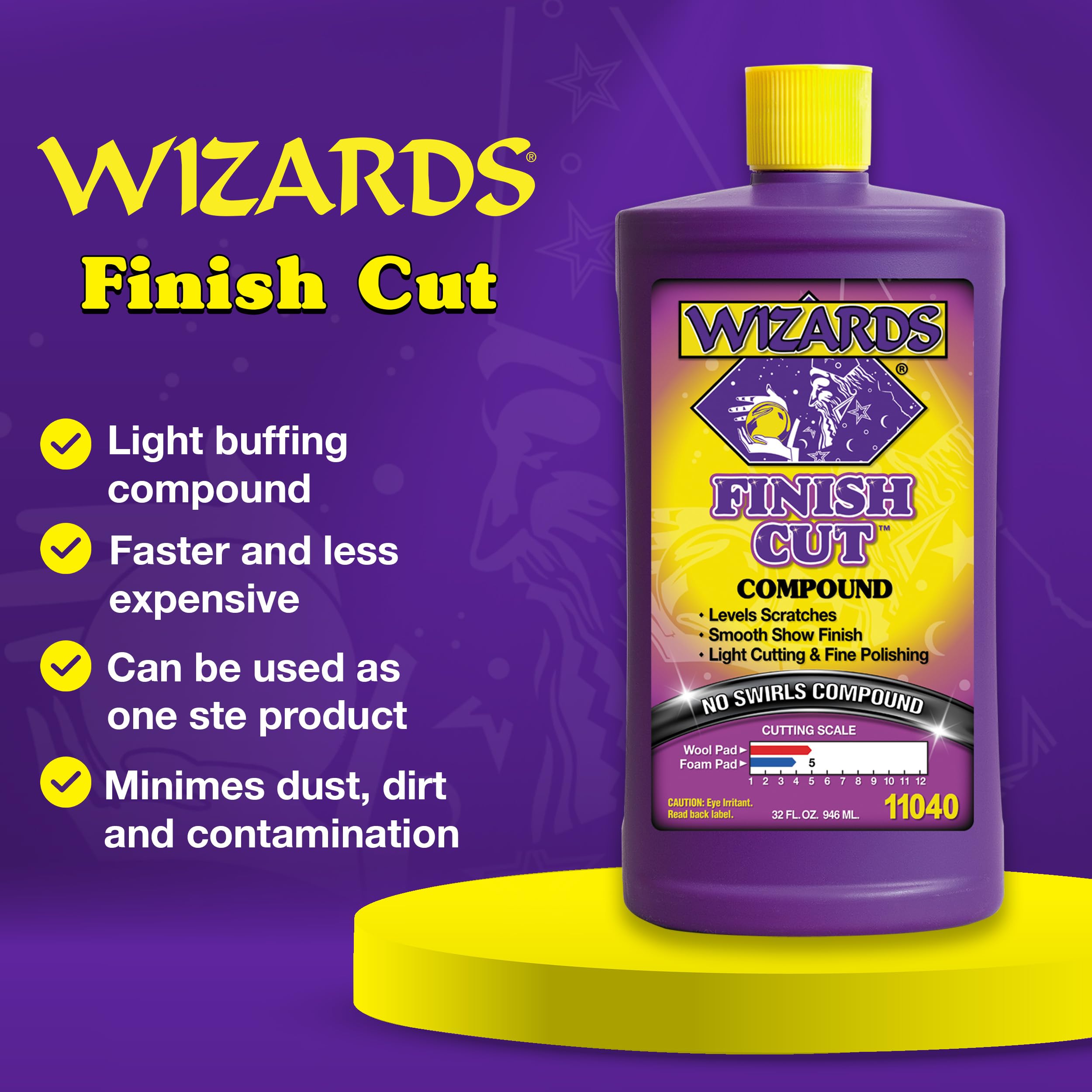 Wizards Finish Cut Compound with gray foam pad for swirl-free scratch removal.
