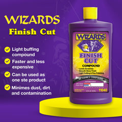 Wizards Finish Cut Compound with gray foam pad for swirl-free scratch removal.