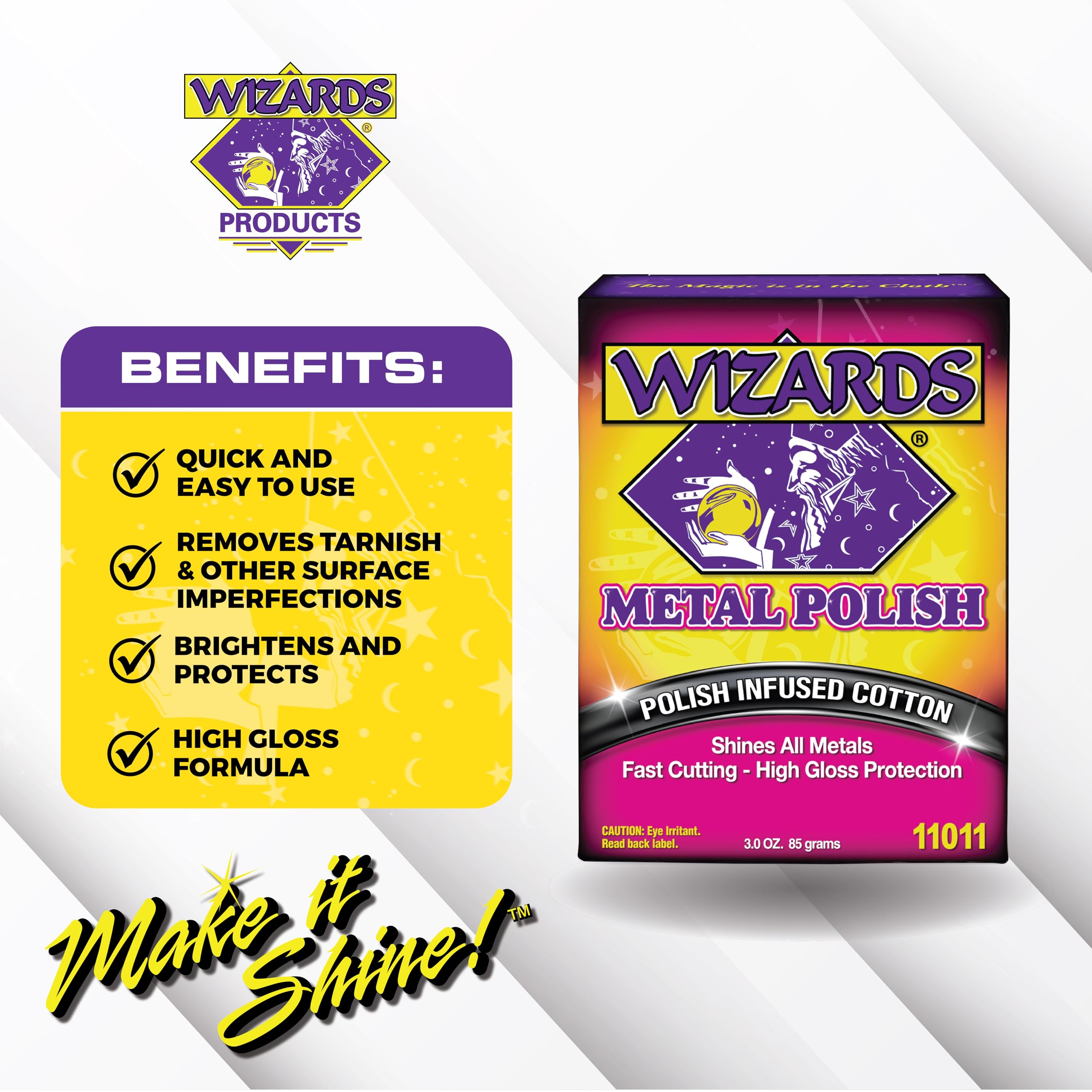 Wizards metal polish on brass wheels delivering deep shine and tarnish removal.