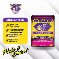 Wizards metal polish on brass wheels delivering deep shine and tarnish removal.