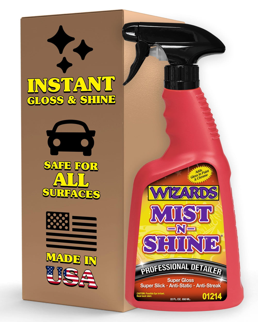 Wizards Mist-N-Shine 22oz bottle ready for quick waterless detailing on exterior surfaces.