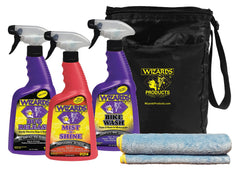 Wizards Motorcycle Cleaning Kit bike wash foam in action for a clean, glossy finish.