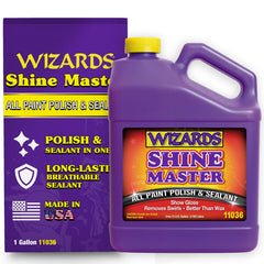 Wizards Shine Master Polish and Sealant bottle close-up for durable vehicle protection