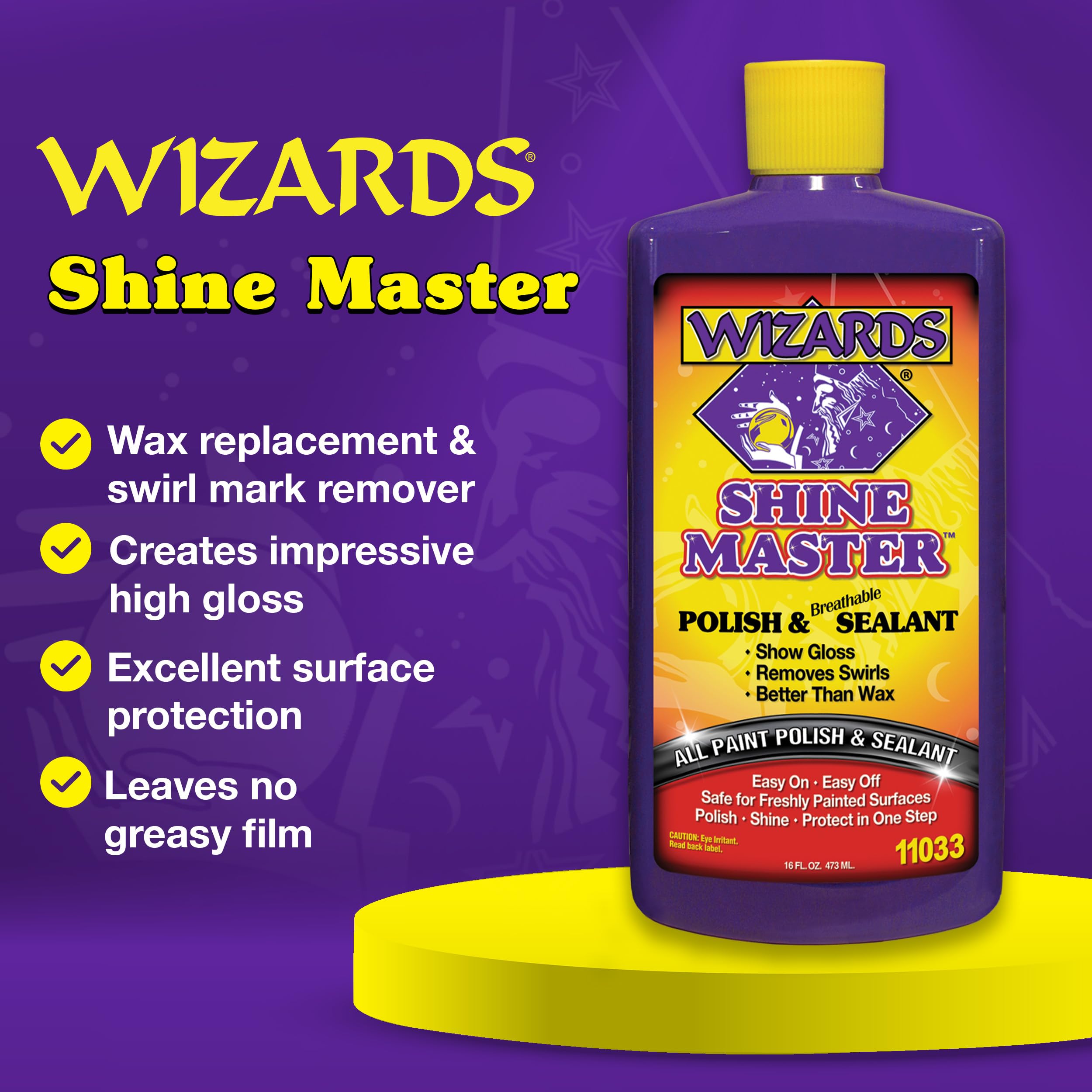 Wizards Shine Master Polish and Sealant application panel demonstrates high-gloss finish with breathable sealant.