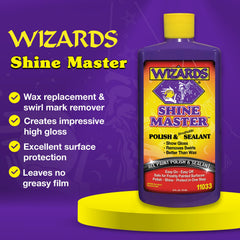 Wizards Shine Master Polish and Sealant application panel demonstrates high-gloss finish with breathable sealant.