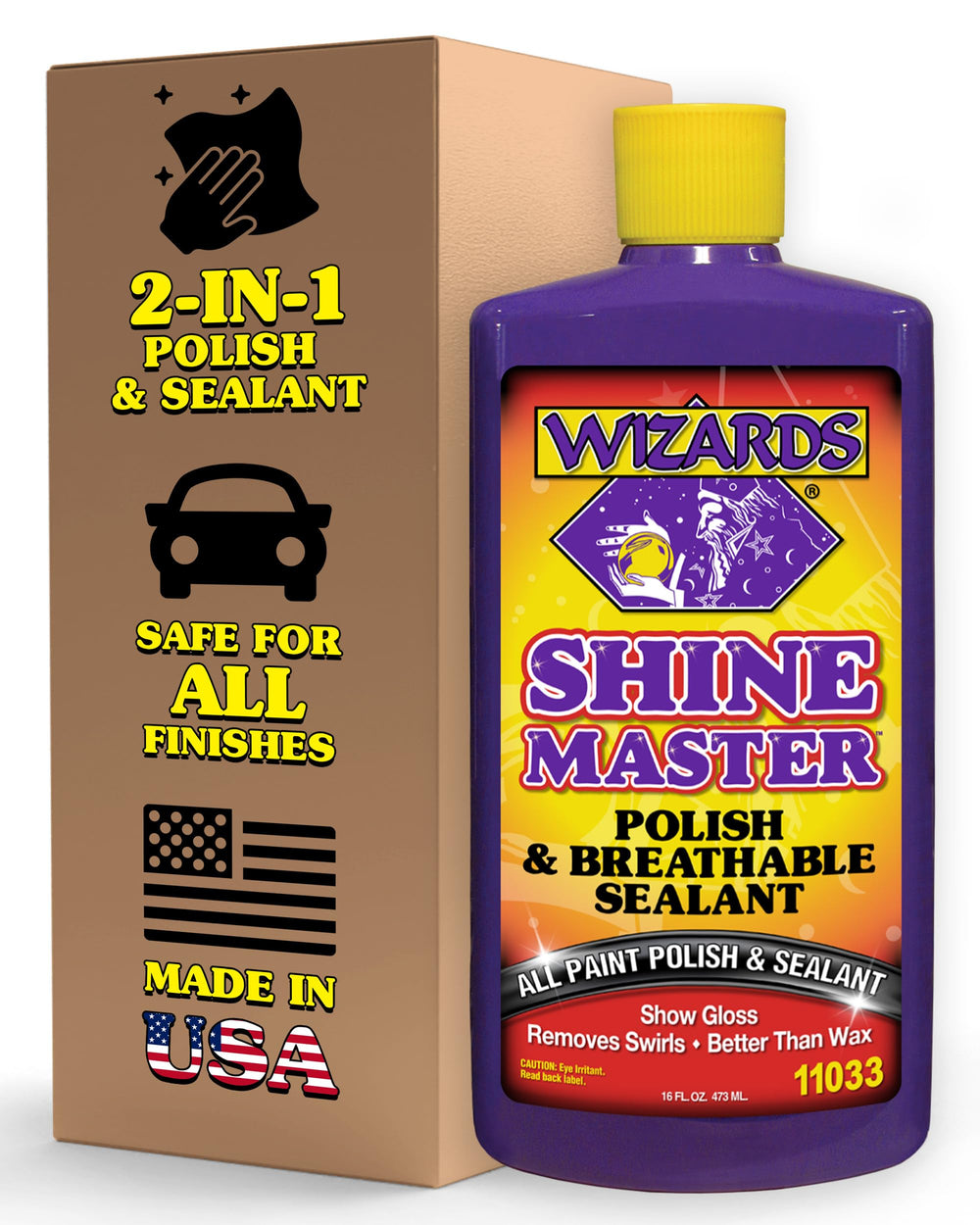 Wizards Shine Master Polish and Sealant bottle close-up shows wax-free protection for surfaces.